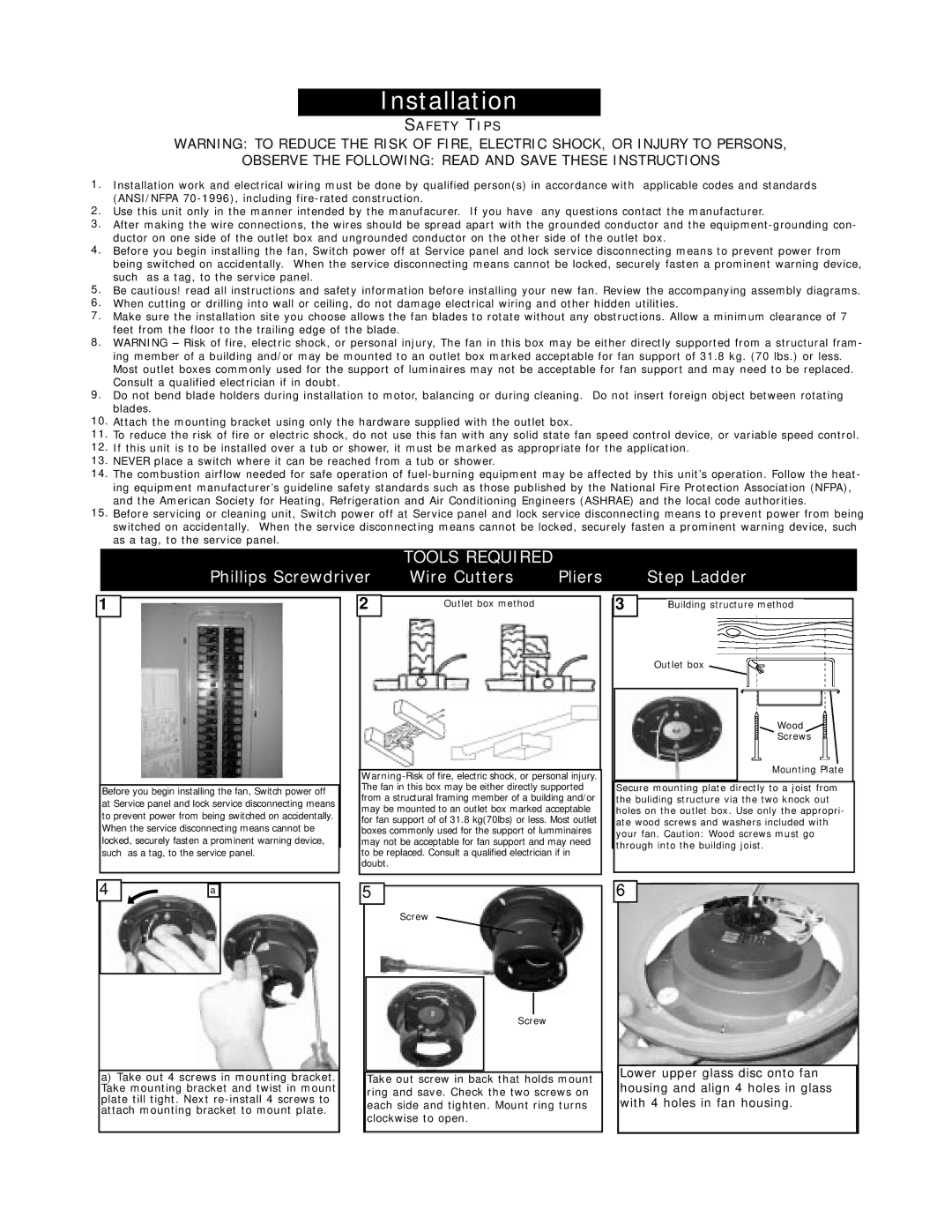 Monte Carlo Fan Company 5CMR56 owner manual Installation, Observe the Following Read and Save These Instructions 