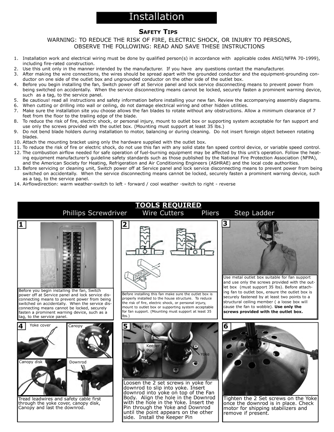 Monte Carlo Fan Company 5CO52 installation instructions Phillips Screwdriver 