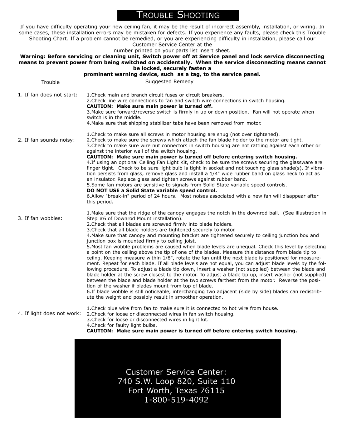 Monte Carlo Fan Company 5CO52 installation instructions Rouble Hooting 