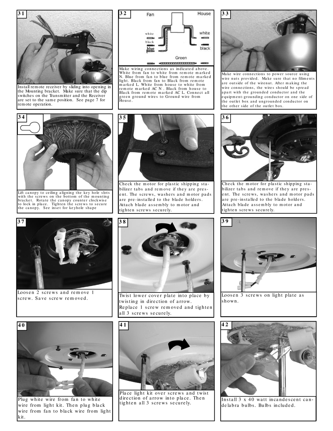 Monte Carlo Fan Company 5CSR60AGD Series owner manual Loosen 3 screws on light plate as shown 
