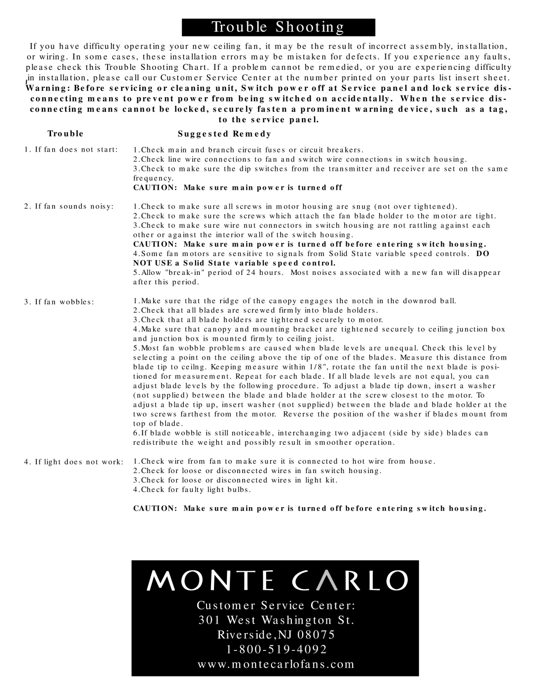 Monte Carlo Fan Company 5CSR60AGD Series owner manual Customer Service Center 301 West Washington St, Suggested Remedy 