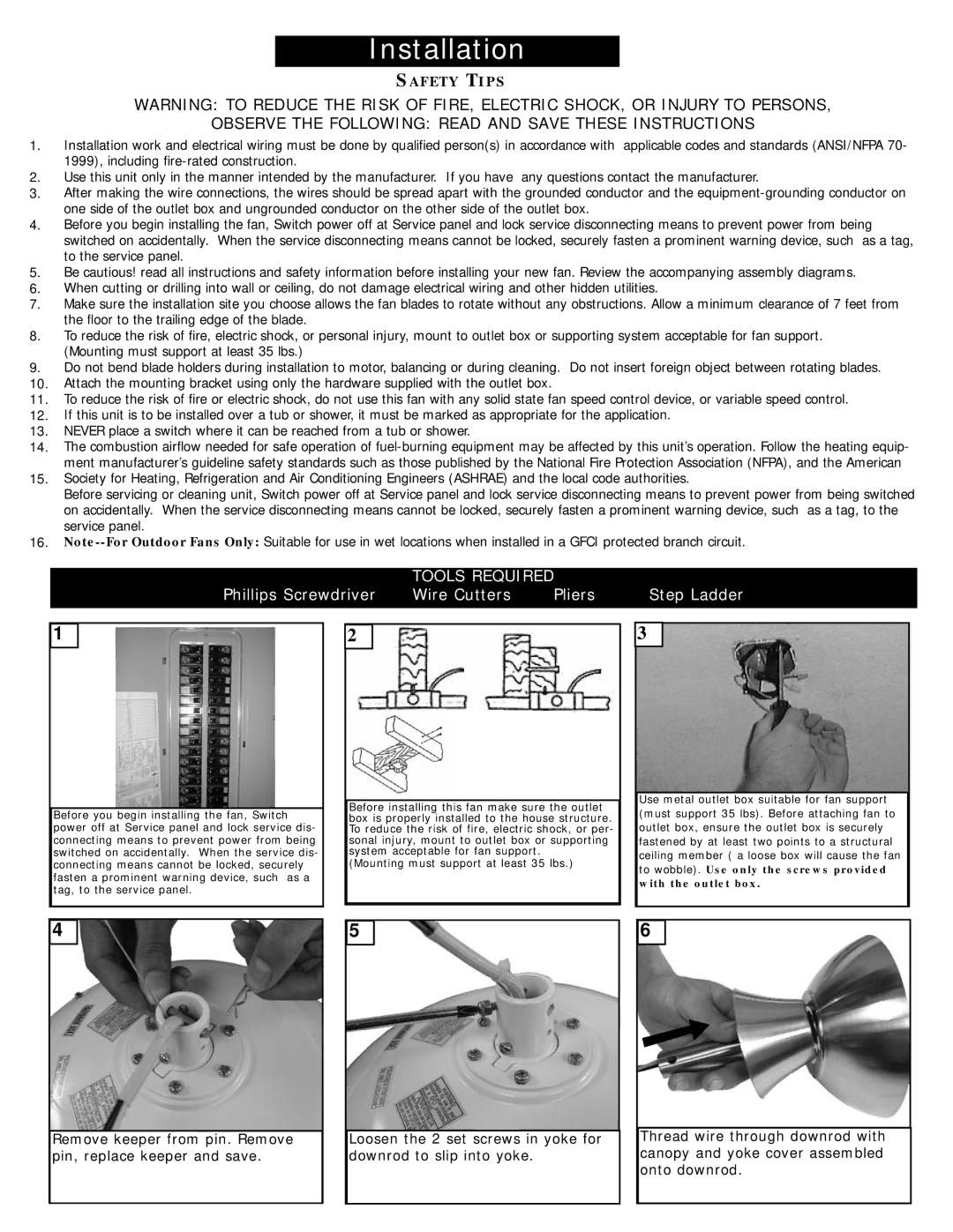 Monte Carlo Fan Company 5CY60XX owner manual Observe the Following Read and Save These Instructions 