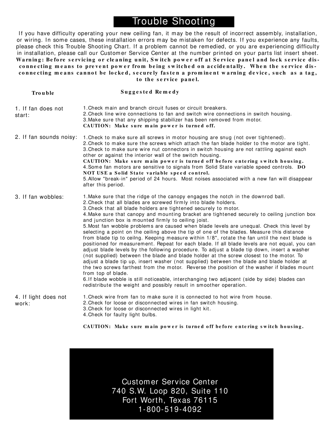 Monte Carlo Fan Company 5CY60XX owner manual To the service panel 