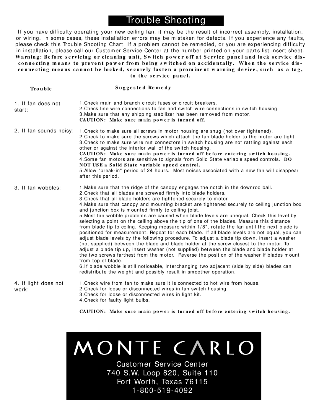 Monte Carlo Fan Company 5CY60XX owner manual Customer Service Center 740 S.W. Loop 820, Suite 
