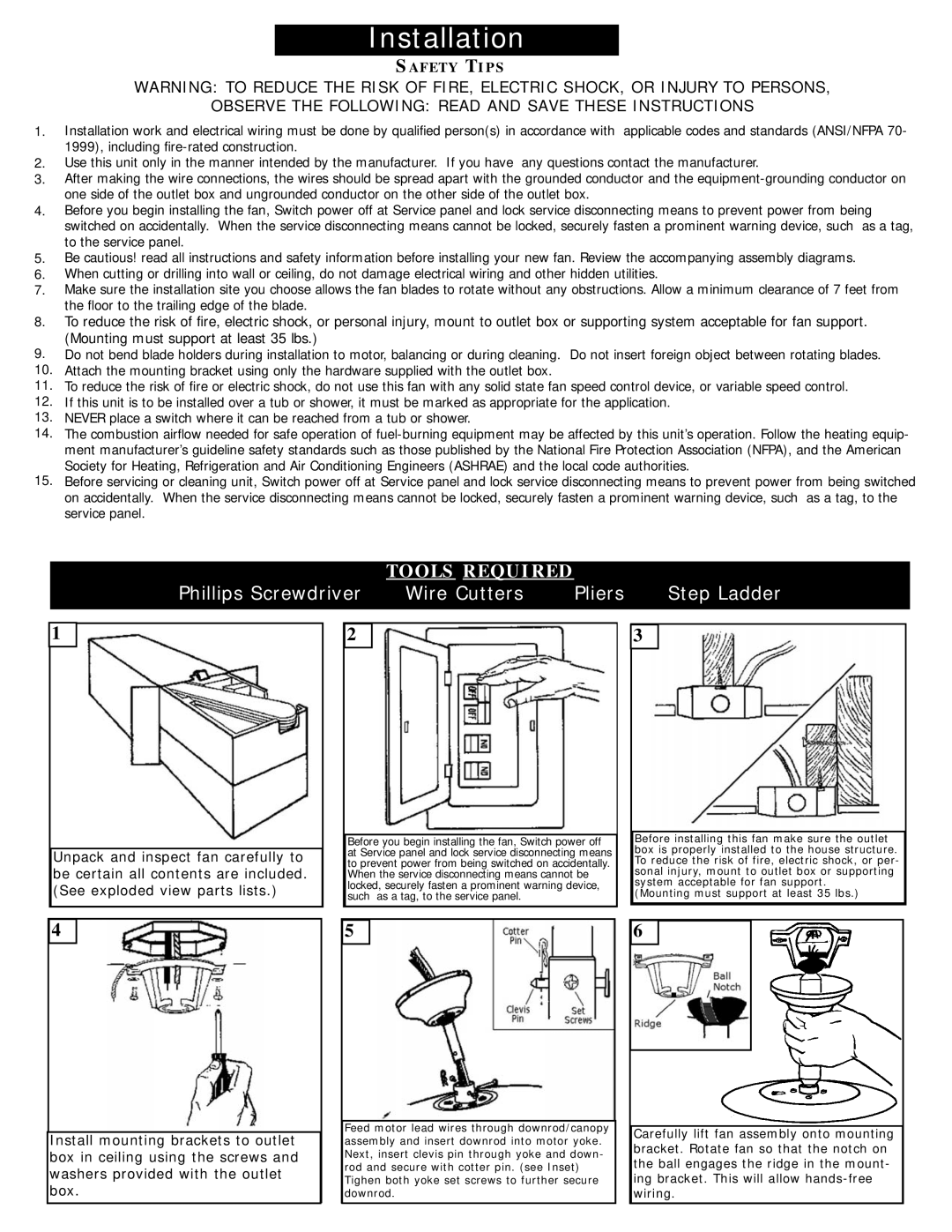 Monte Carlo Fan Company 5CZ52 owner manual Mounting must support at least 35 lbs, Unpack and inspect fan carefully to, Box 