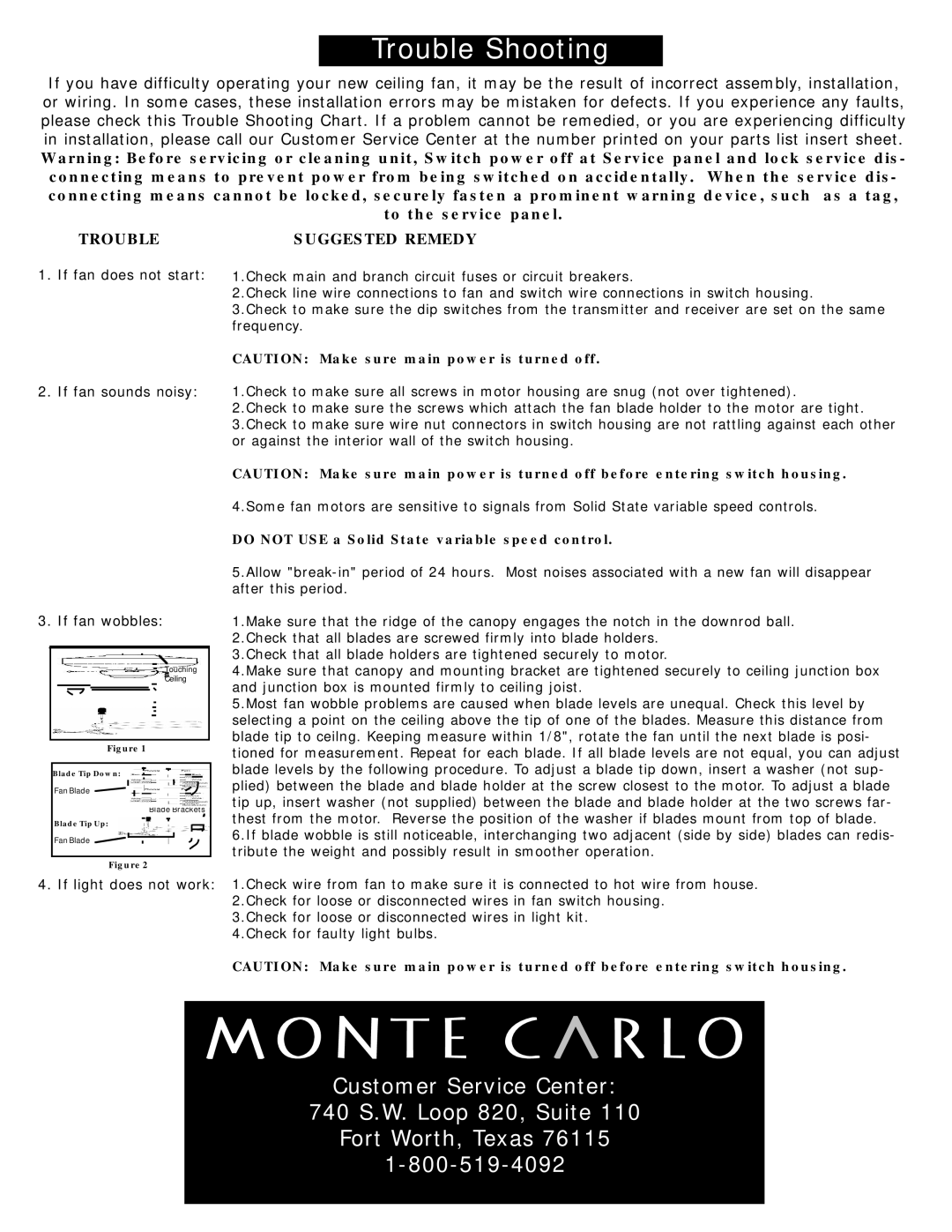 Monte Carlo Fan Company 5CZ52 owner manual Suggested Remedy, If fan does not start If fan sounds noisy If fan wobbles 