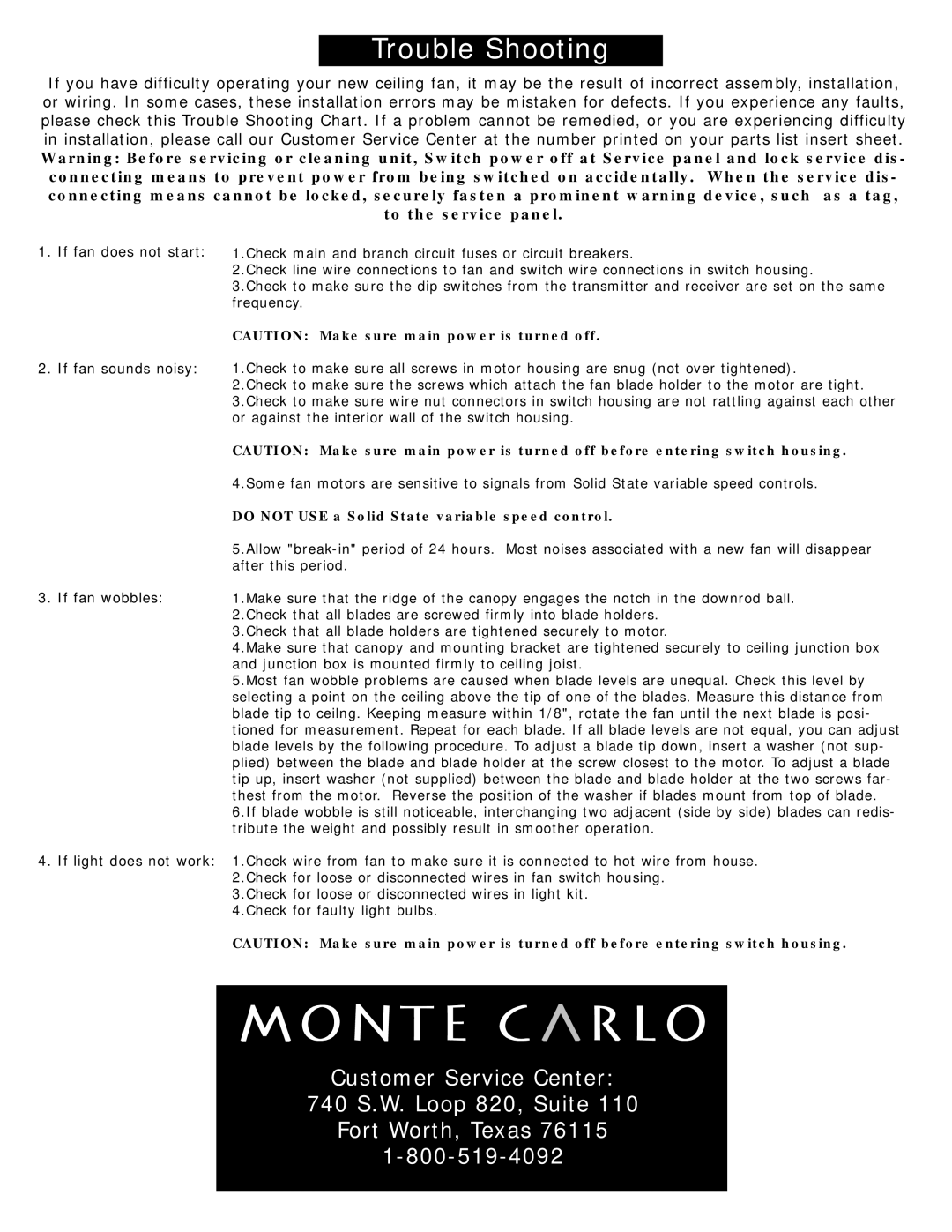 Monte Carlo Fan Company 5DAXX owner manual Do not USE a Solid State variable speed control 