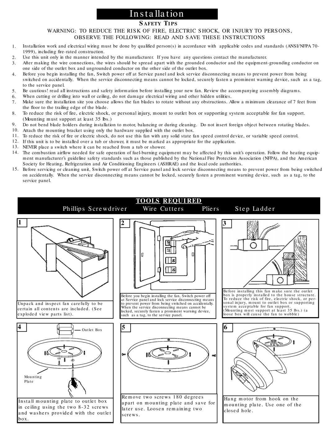 Monte Carlo Fan Company 5DH52 owner manual Mounting must support at least 35 lbs, Screws Box 