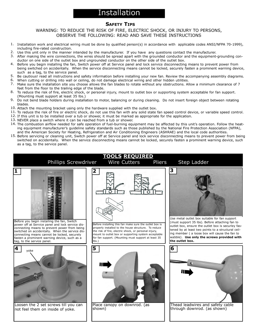 Monte Carlo Fan Company 5DI52 installation instructions Phillips Screwdriver Wire Cutters 