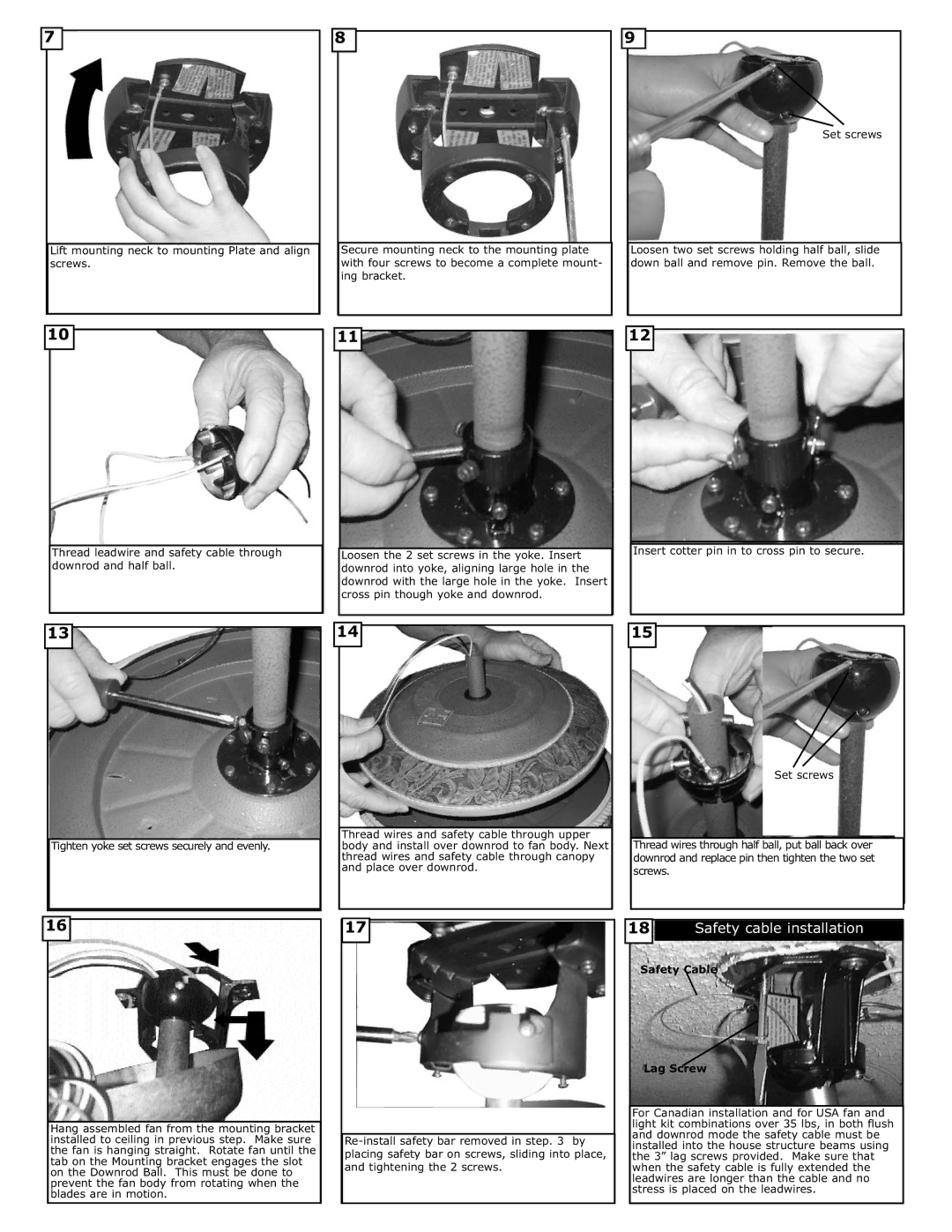 Monte Carlo Fan Company 5DOR52 owner manual Safety cable installation 