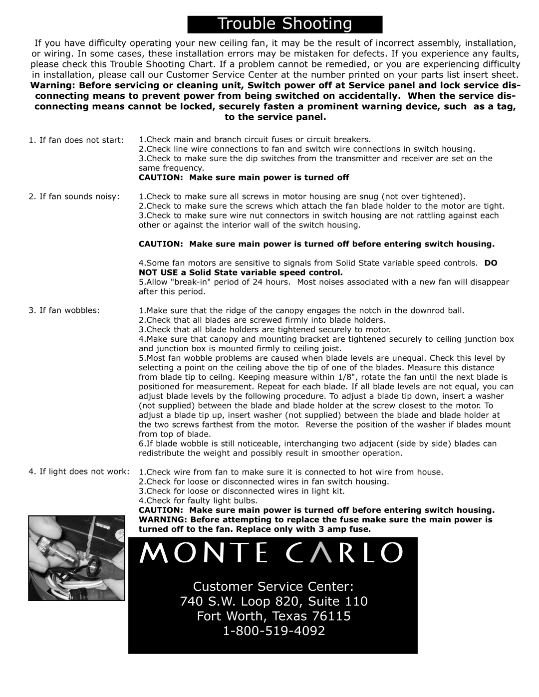 Monte Carlo Fan Company 5DOR52 owner manual Customer Service Center 740 S.W. Loop 820, Suite 