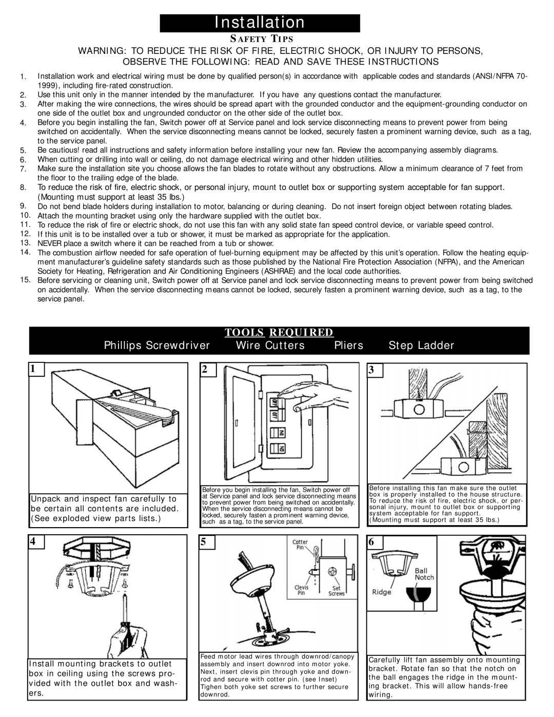 Monte Carlo Fan Company 5DS44 Series Mounting must support at least 35 lbs, Unpack and inspect fan carefully to, Ers 