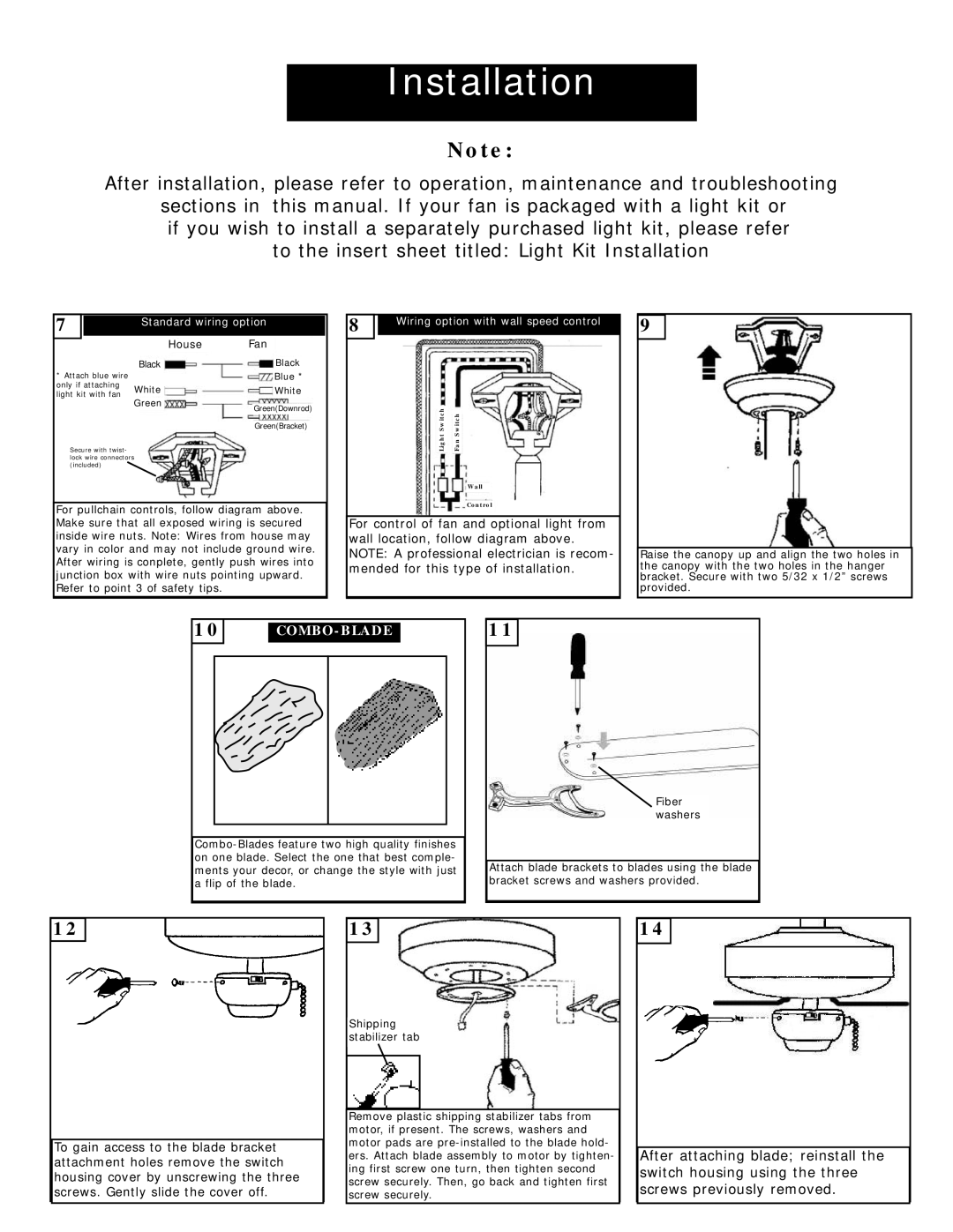 Monte Carlo Fan Company 5DS44 Series owner manual After attaching blade reinstall, Switch housing using the three 