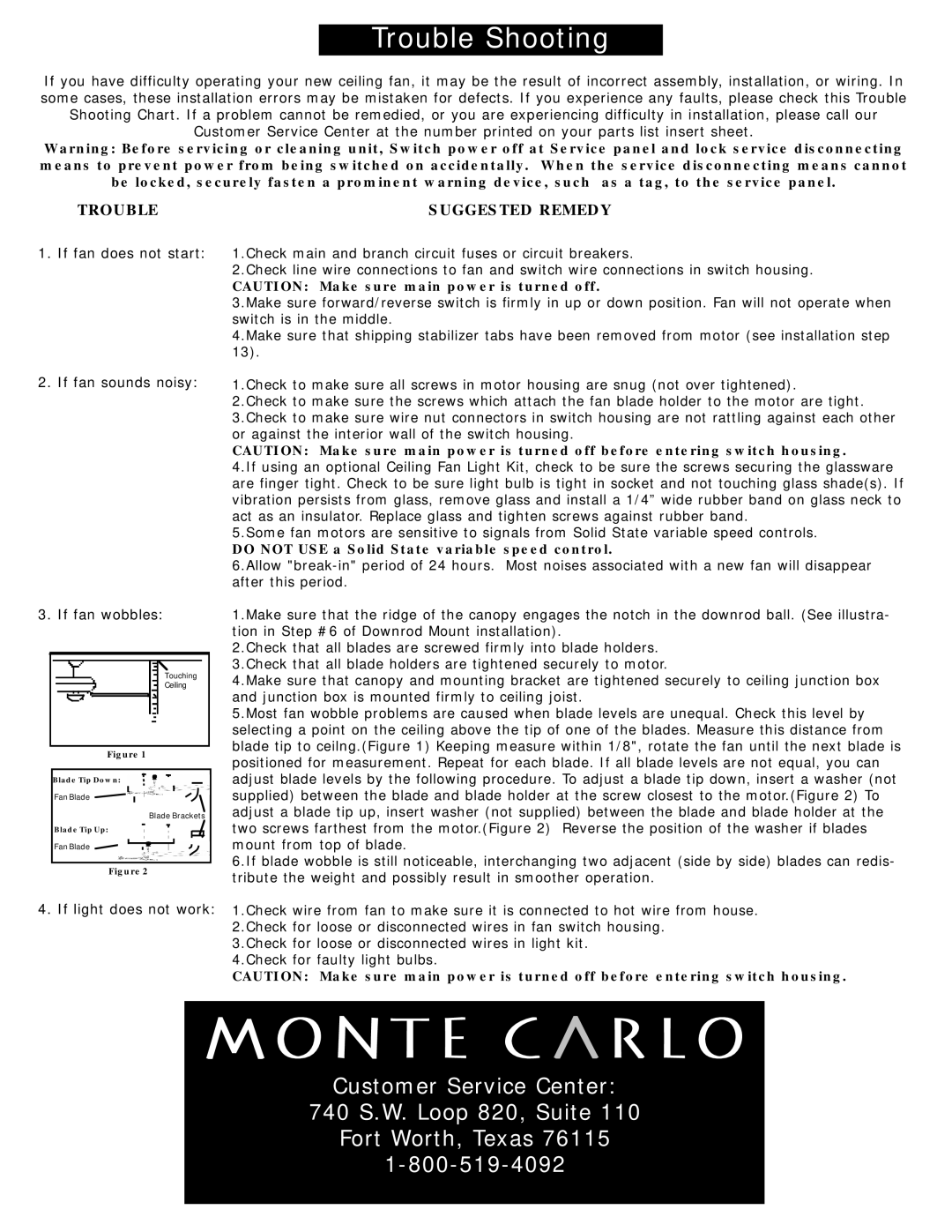 Monte Carlo Fan Company 5DS44 Series Trouble Suggested Remedy, If fan does not start If fan sounds noisy If fan wobbles 