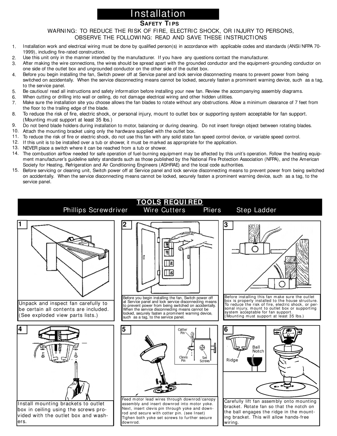 Monte Carlo Fan Company 5DS52 owner manual Mounting must support at least 35 lbs, Unpack and inspect fan carefully to, Ers 