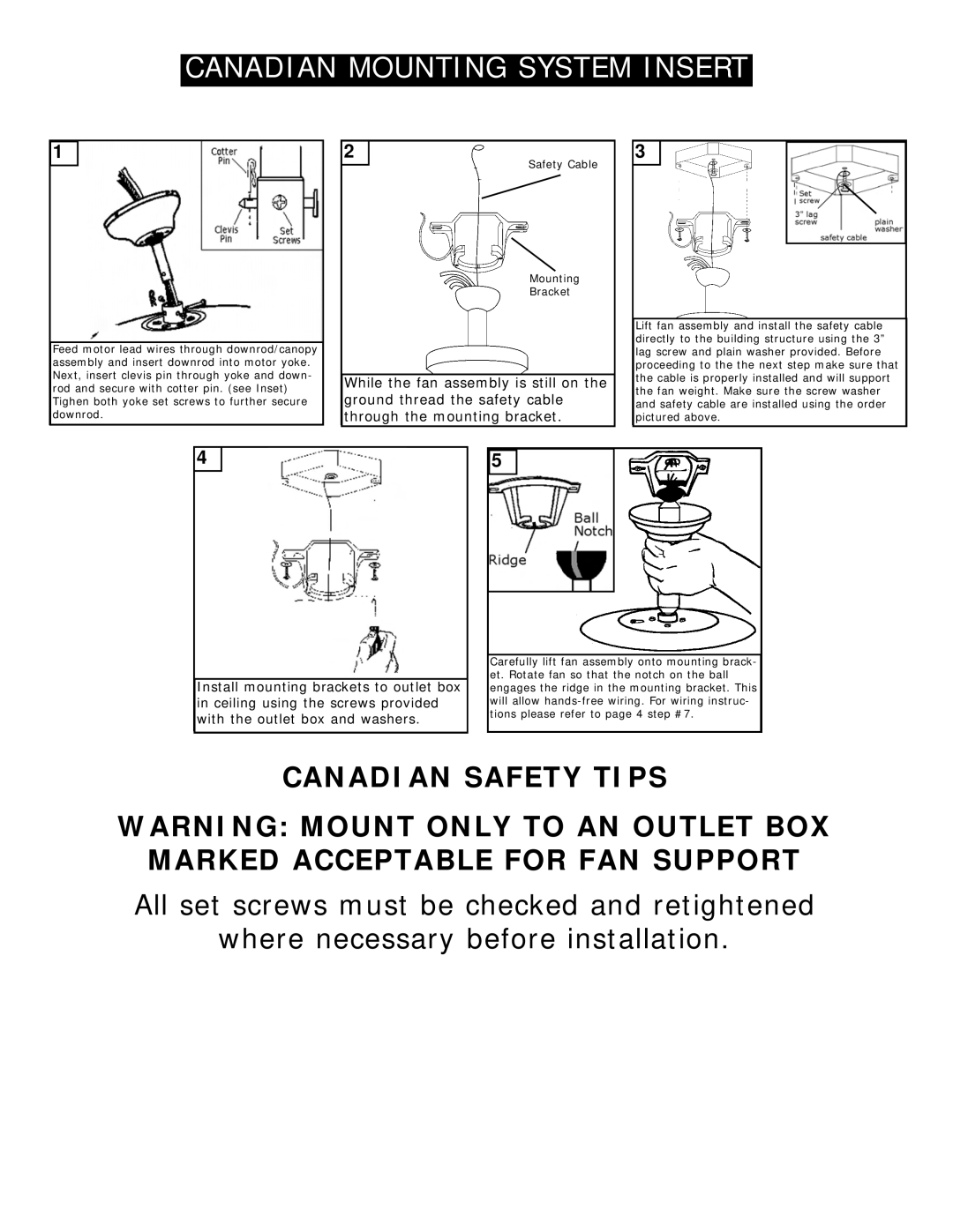 Monte Carlo Fan Company 5DS52 Canadian Safety Tips, While the fan assembly is still on the, ground thread the safety cable 