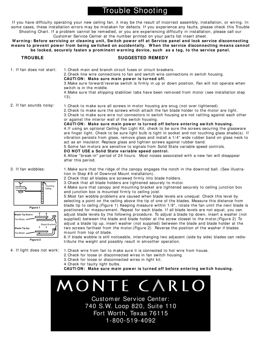 Monte Carlo Fan Company 5DS52 owner manual Customer Service Center 740 S.W. Loop 820, Suite, Trouble, Suggested Remedy 