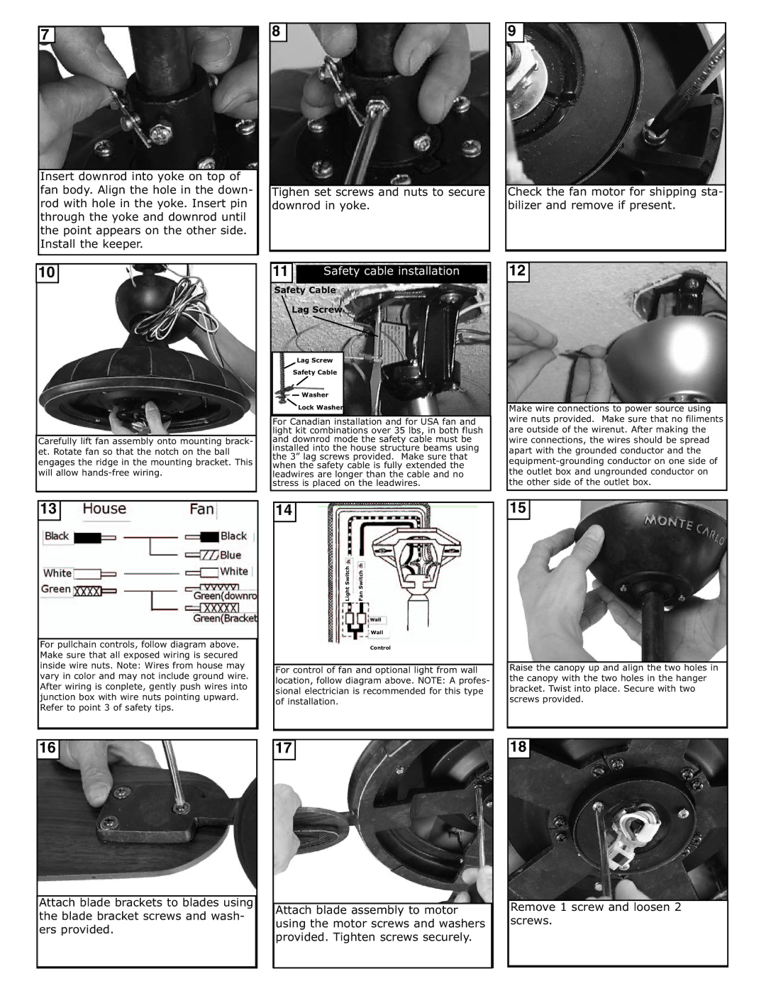 Monte Carlo Fan Company 5ED56WAD Series owner manual Safety cable installation 