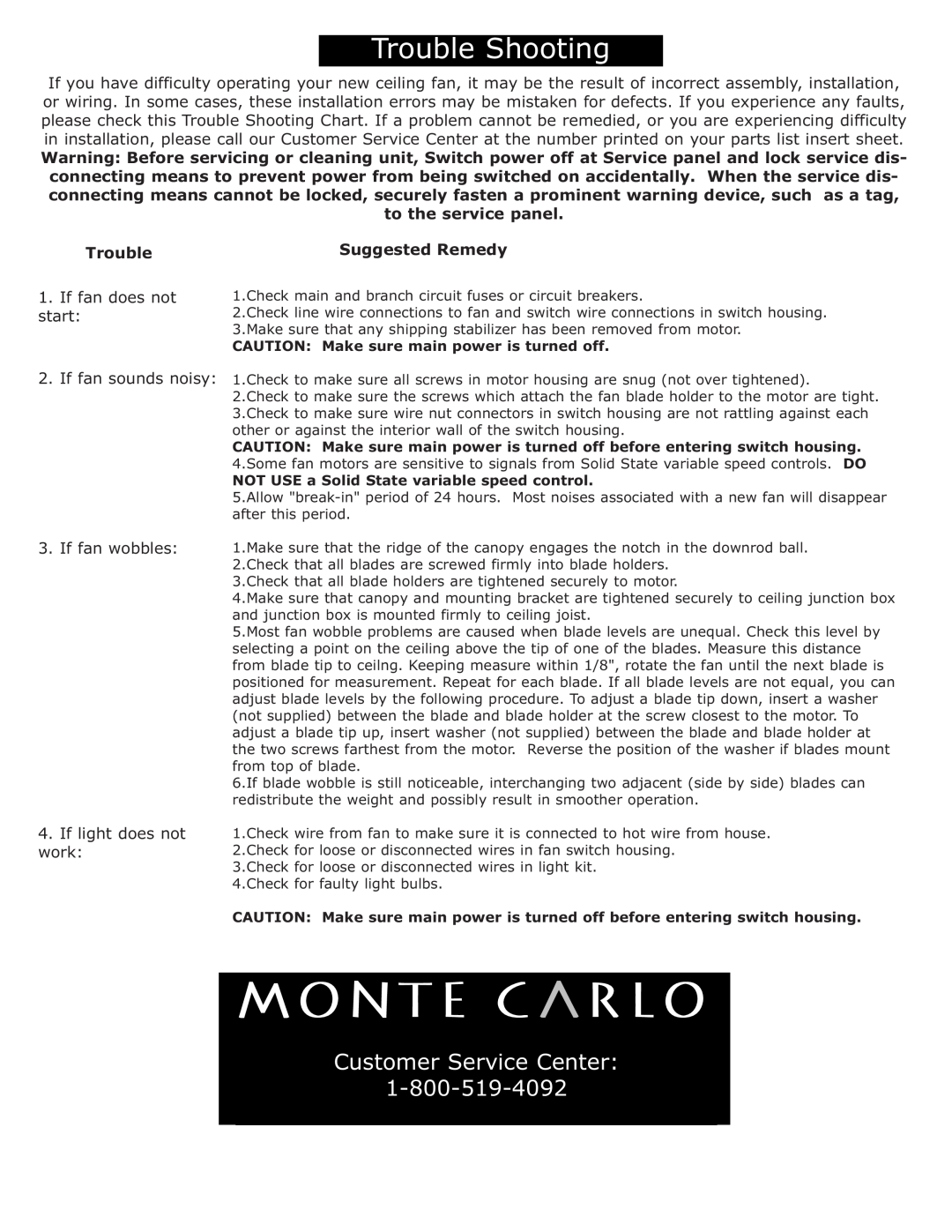 Monte Carlo Fan Company 5ED56WAD Series owner manual 