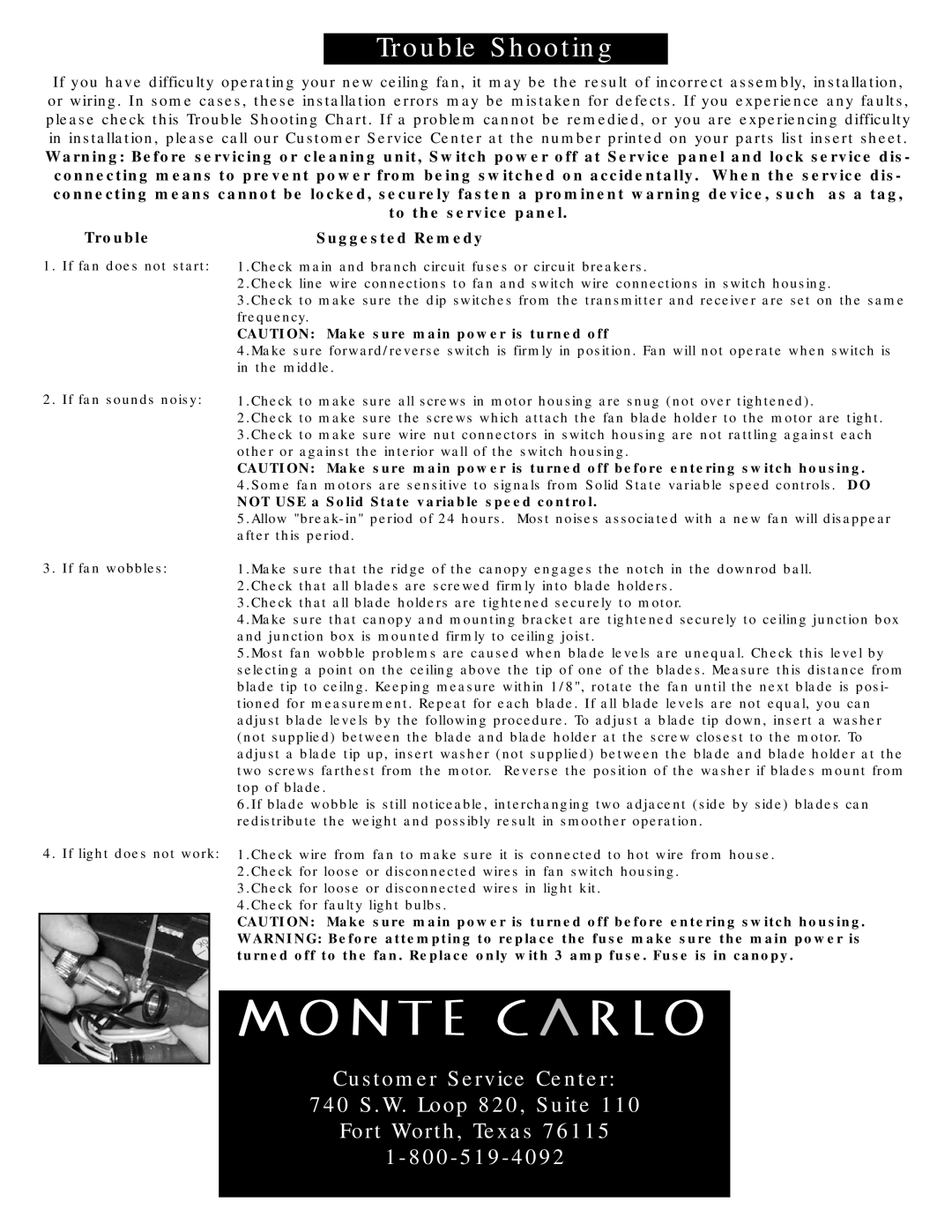 Monte Carlo Fan Company 5GIR54XXD owner manual Suggested Remedy, Customer Service Center 740 S.W. Loop 820, Suite 