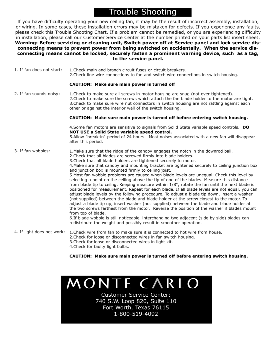 Monte Carlo Fan Company 5GL52 owner manual Not USE a Solid State variable speed control 