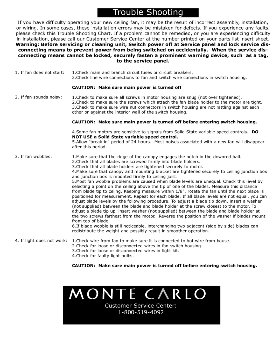 Monte Carlo Fan Company 5GL66 Series owner manual Customer Service Center 