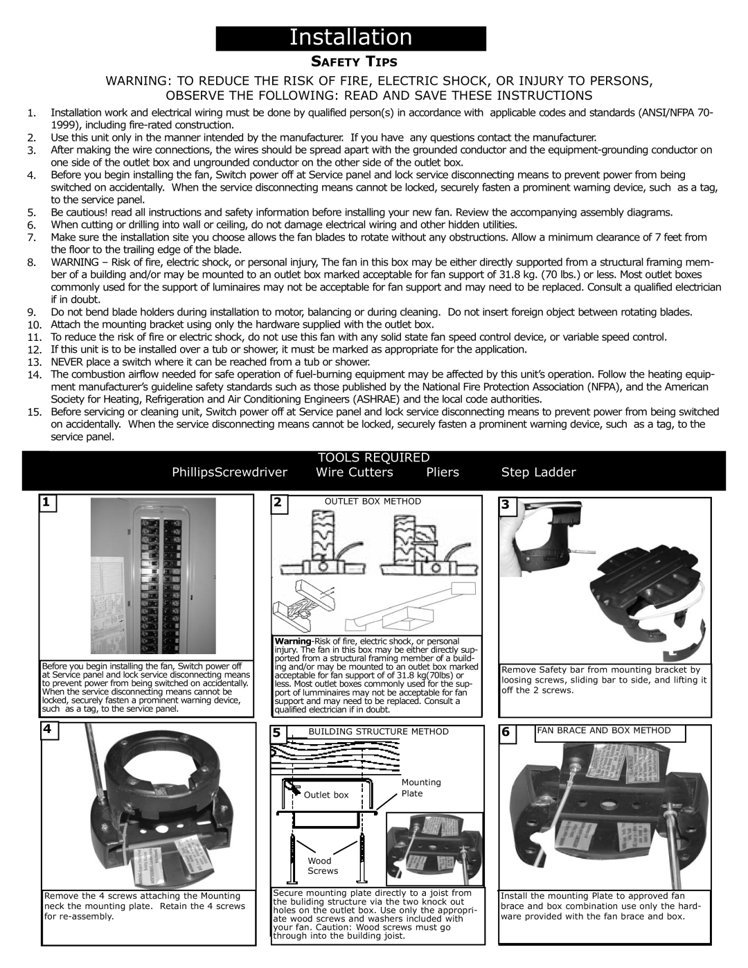 Monte Carlo Fan Company 5GL66 Series owner manual PhillipsScrewdriver, Wire Cutters, Pliers, Step Ladder, Safety Tips 