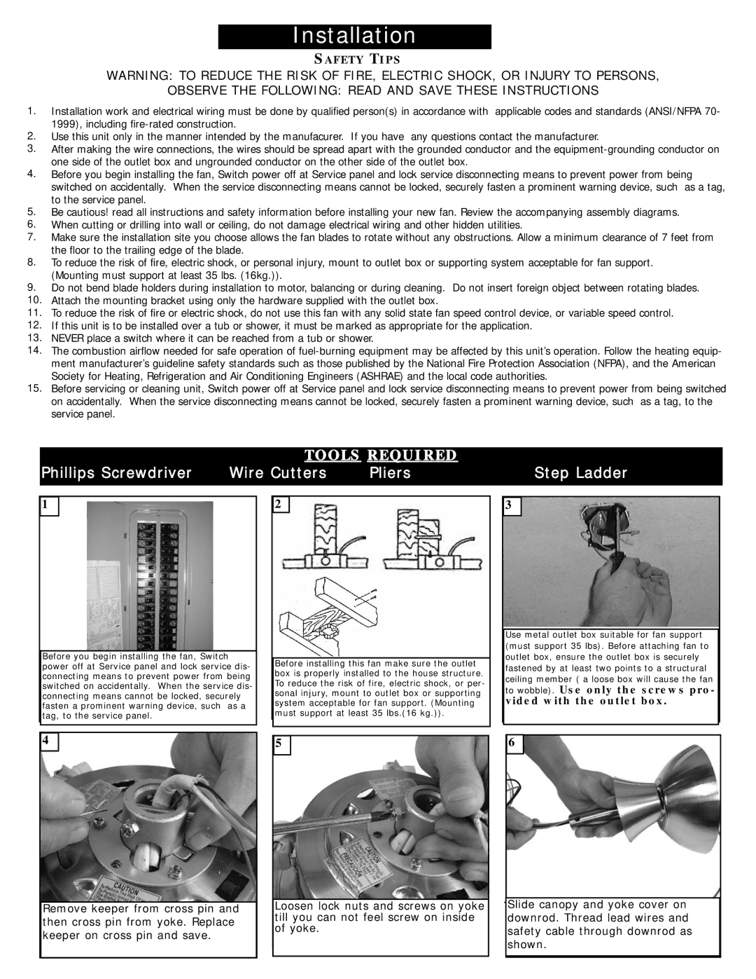 Monte Carlo Fan Company 5GMR52XXD Series owner manual Phillips Screwdriver Wire Cutters 