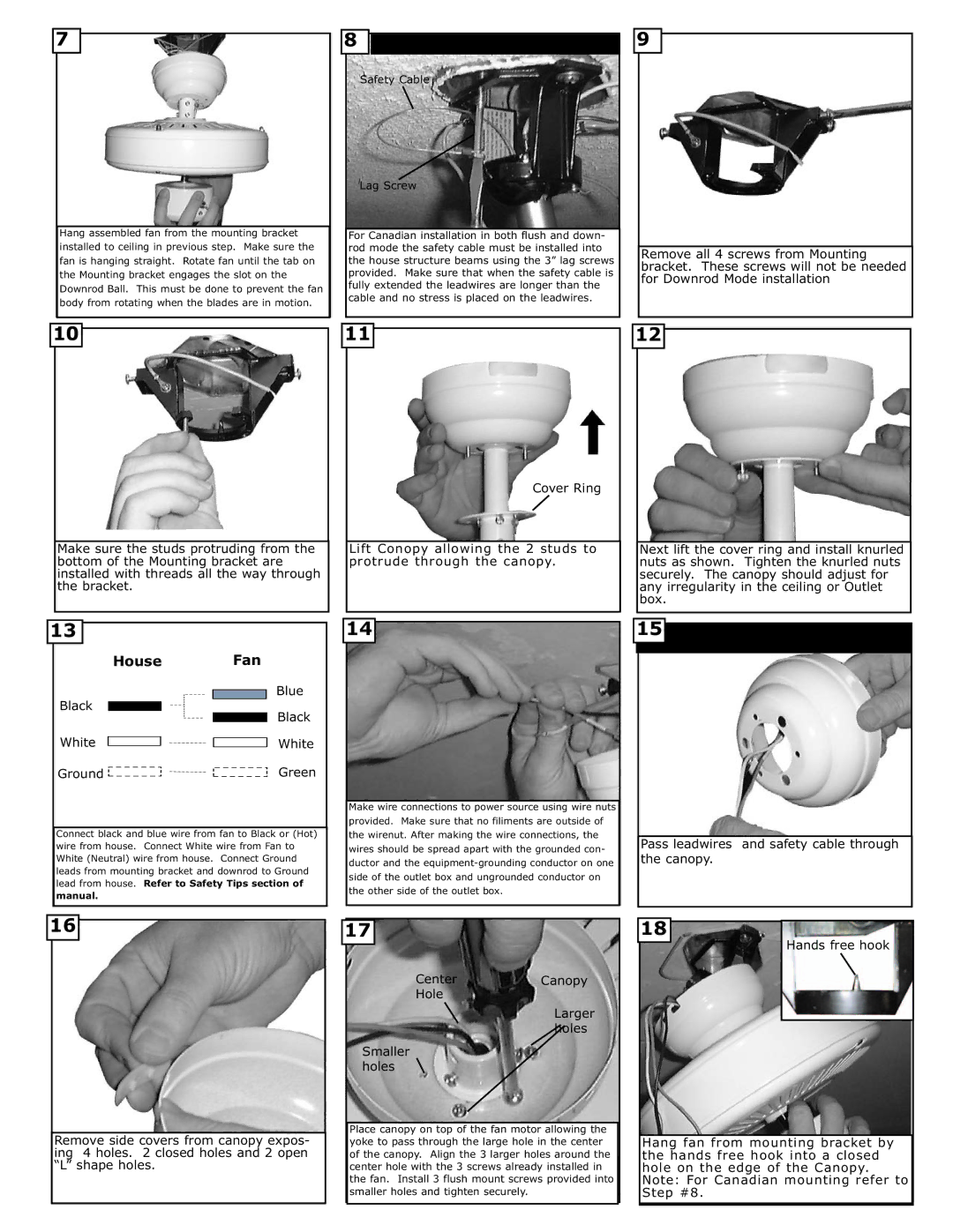 Monte Carlo Fan Company 5HS42 Series installation instructions Black Blue White Ground, Center, Hole Larger Smaller Holes 