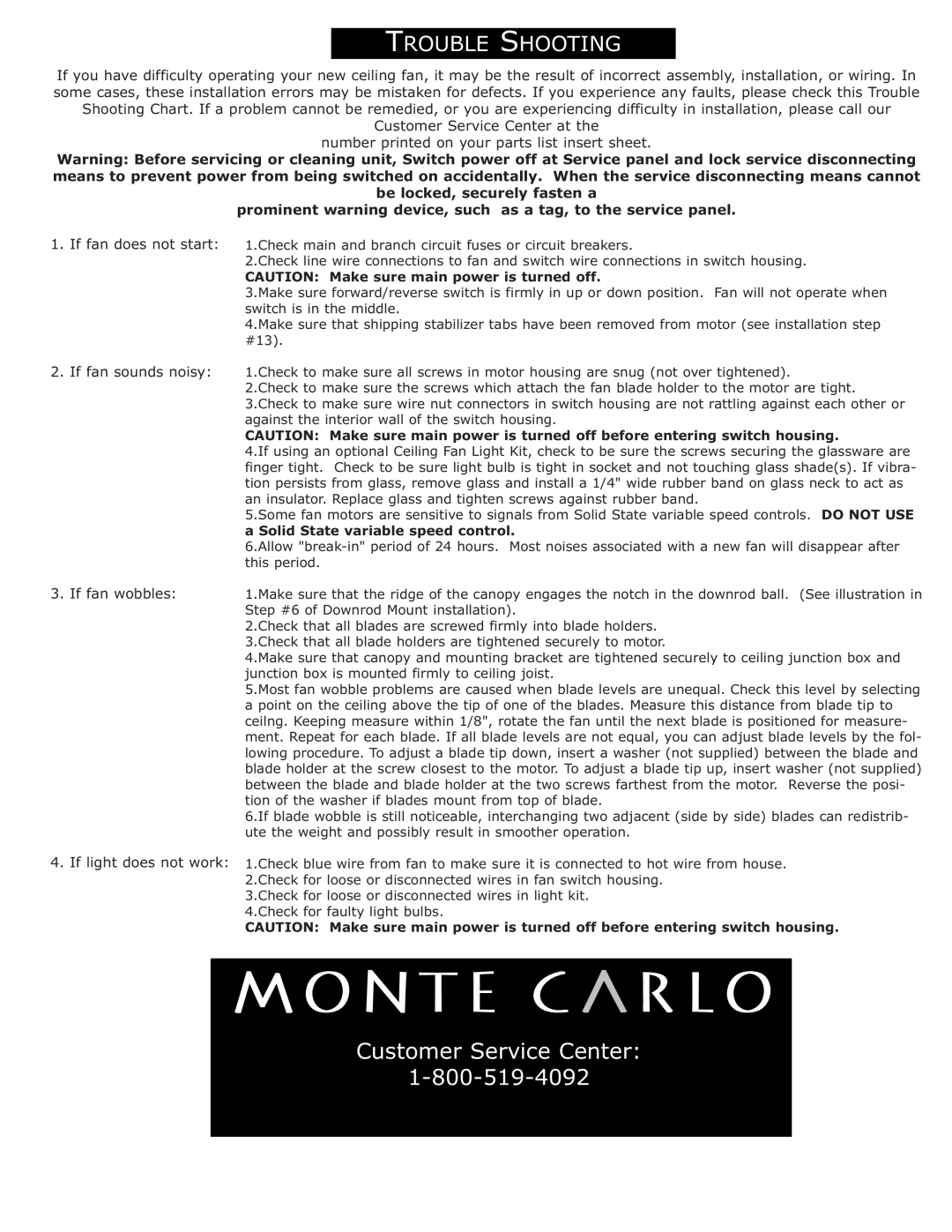 Monte Carlo Fan Company 5HS42 Series installation instructions Rouble Hooting 