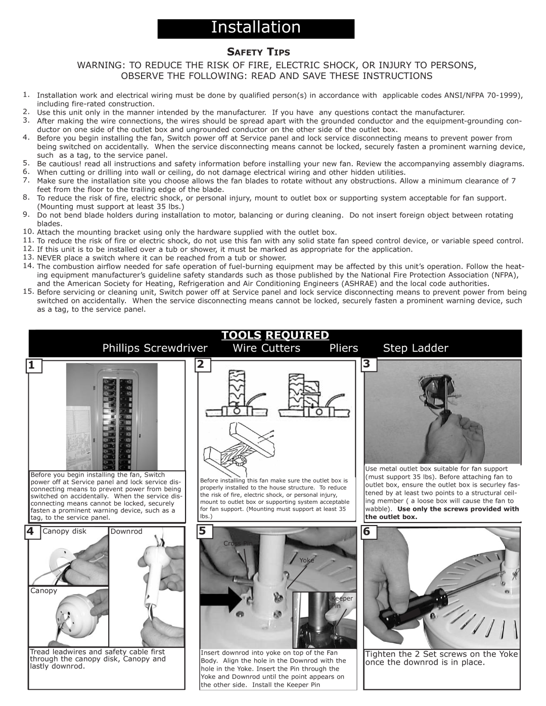 Monte Carlo Fan Company 5HS52 Observe The Following Read And Save These Instructions, Safety Tips, Tools Required 