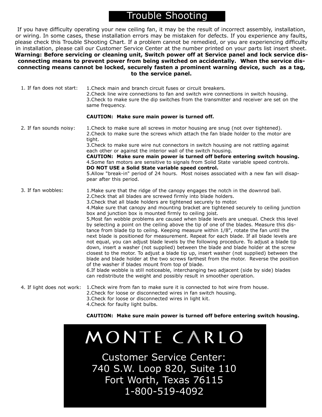 Monte Carlo Fan Company 5KBR54 owner manual Customer Service Center 740 S.W. Loop 820, Suite 
