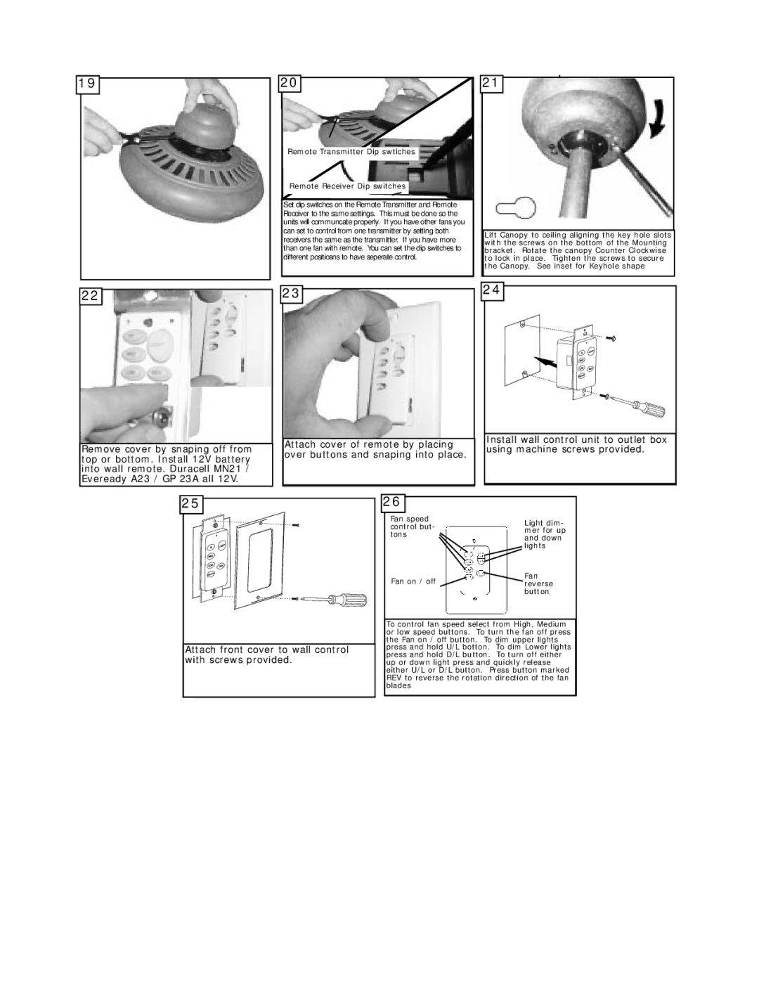 Monte Carlo Fan Company 5LCR52 owner manual Attach front cover to wall control with screws provided 