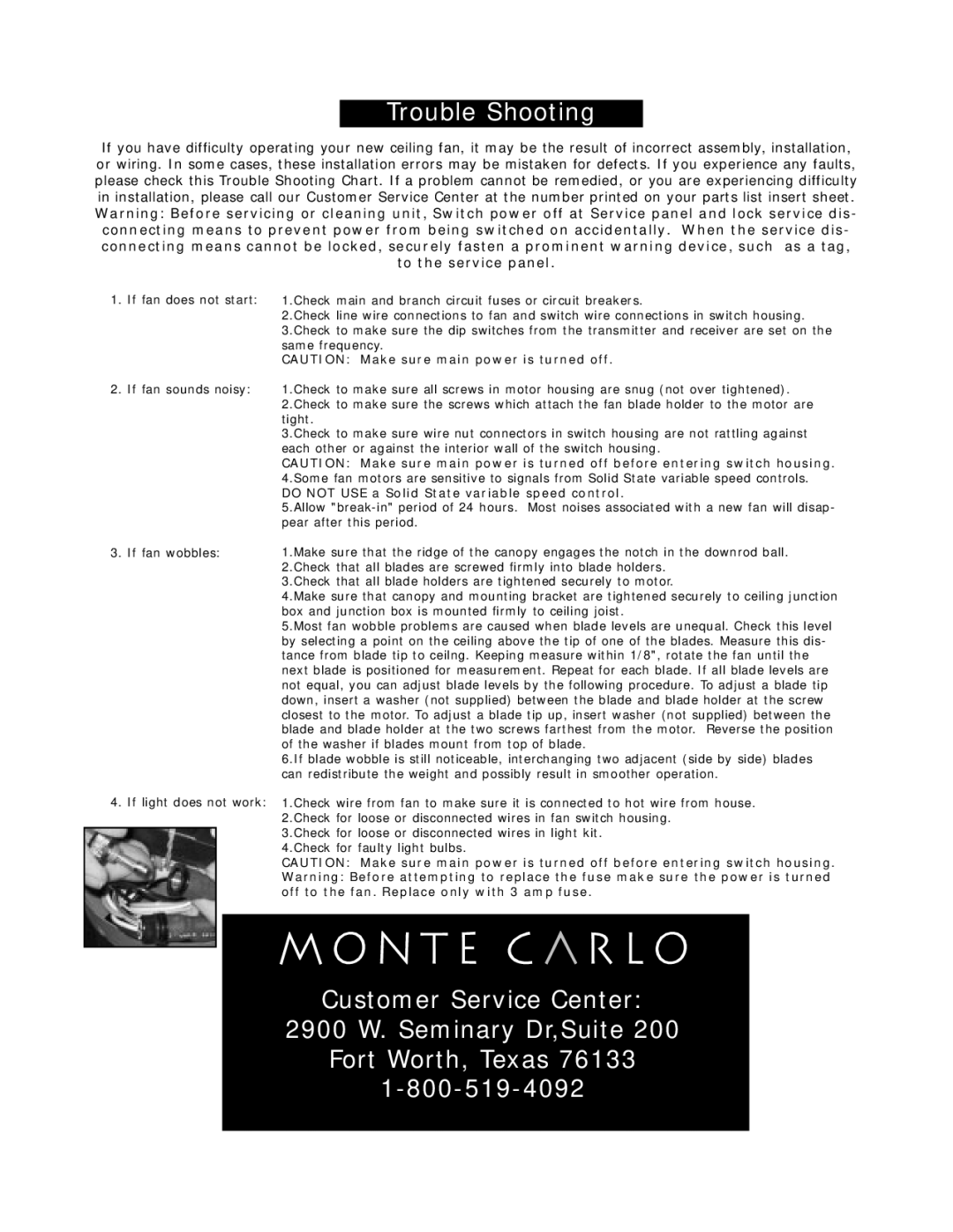 Monte Carlo Fan Company 5LCR52 owner manual Trouble Shooting, Box and junction box is mounted firmly to ceiling joist 