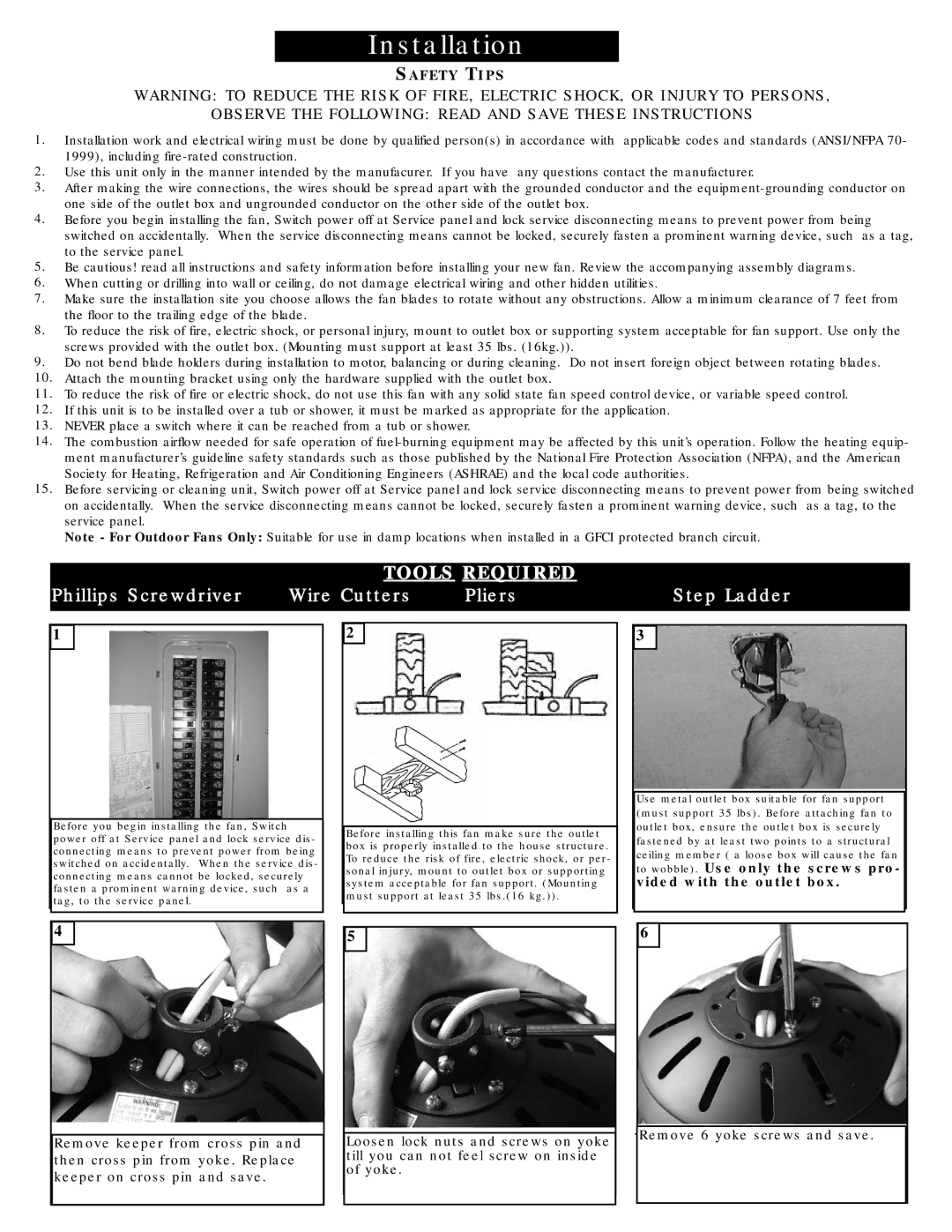 Monte Carlo Fan Company 5LNR52XXD Series owner manual Observe the Following Read and Save These Instructions 