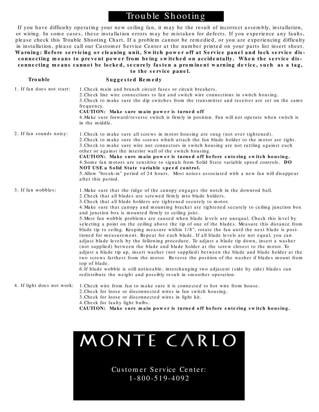 Monte Carlo Fan Company 5LNR52XXD Series owner manual Suggested Remedy, CAUTION Make sure main power is turned off 