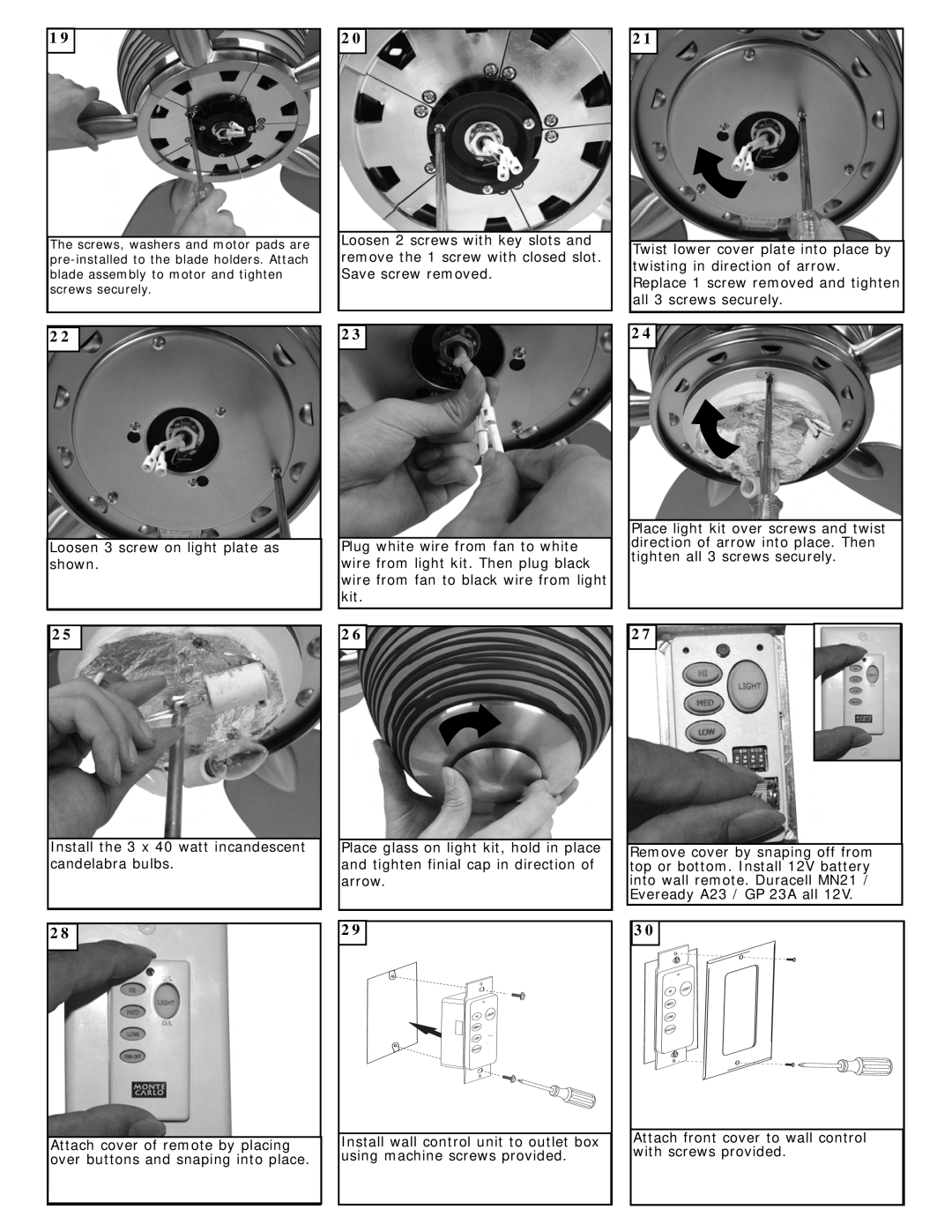 Monte Carlo Fan Company 5LOR52BSD owner manual Loosen 3 screw on light plate as shown 