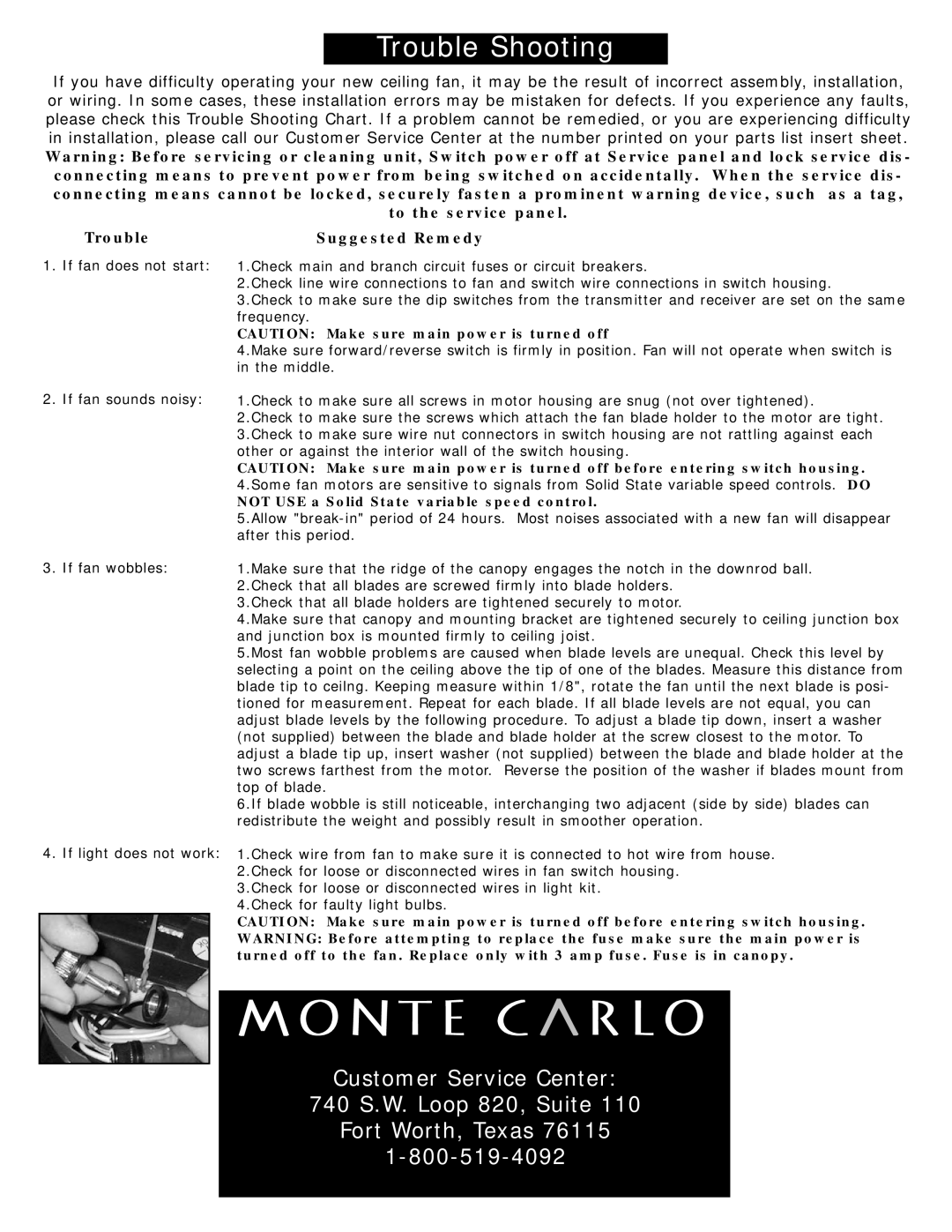 Monte Carlo Fan Company 5LOR52BSD owner manual Suggested Remedy, Customer Service Center 740 S.W. Loop 820, Suite 
