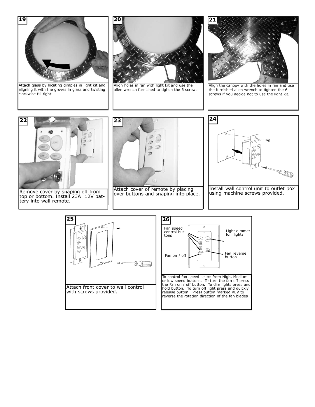 Monte Carlo Fan Company 5MAR52 owner manual Attach front cover to wall control with screws provided 