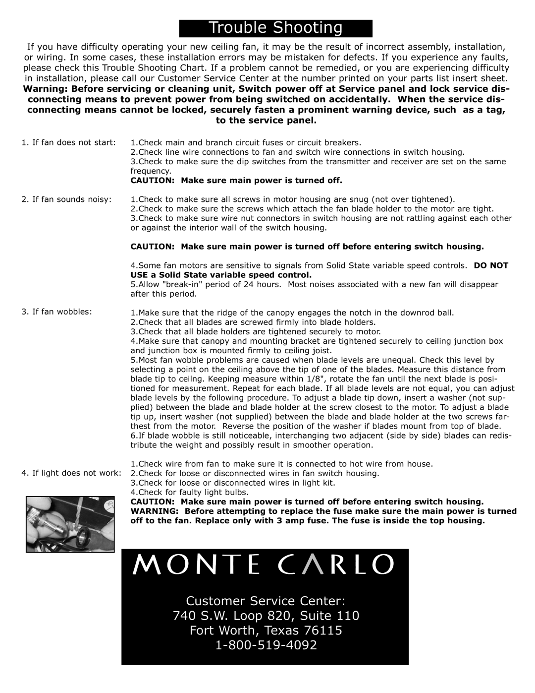 Monte Carlo Fan Company 5MAR52 owner manual USE a Solid State variable speed control 