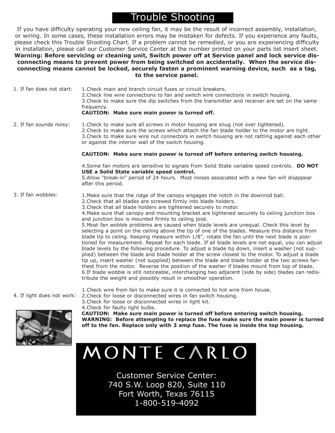 Monte Carlo Fan Company 5MAR52 owner manual Customer Service Center 740 S.W. Loop 820, Suite 
