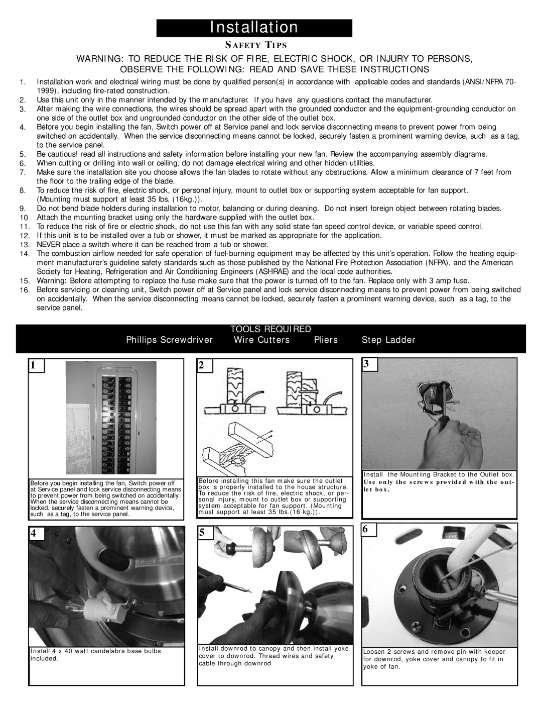 Monte Carlo Fan Company 5MMR54 owner manual Observe the Following Read and Save These Instructions 