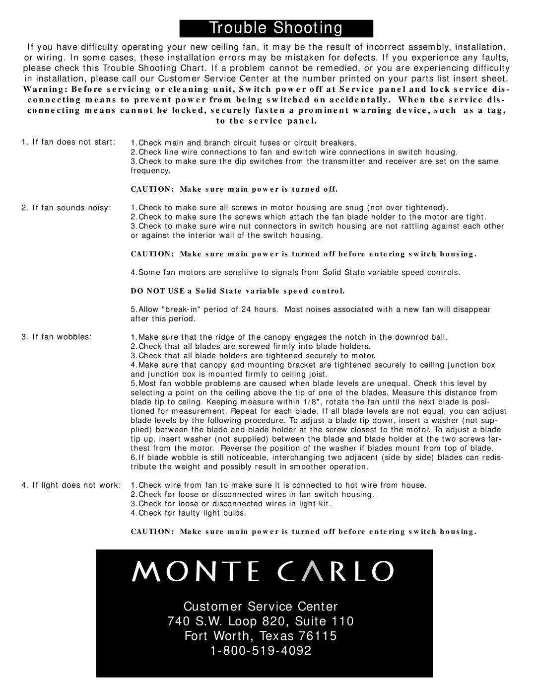 Monte Carlo Fan Company 5MQ60XX owner manual Customer Service Center 740 S.W. Loop 820, Suite 