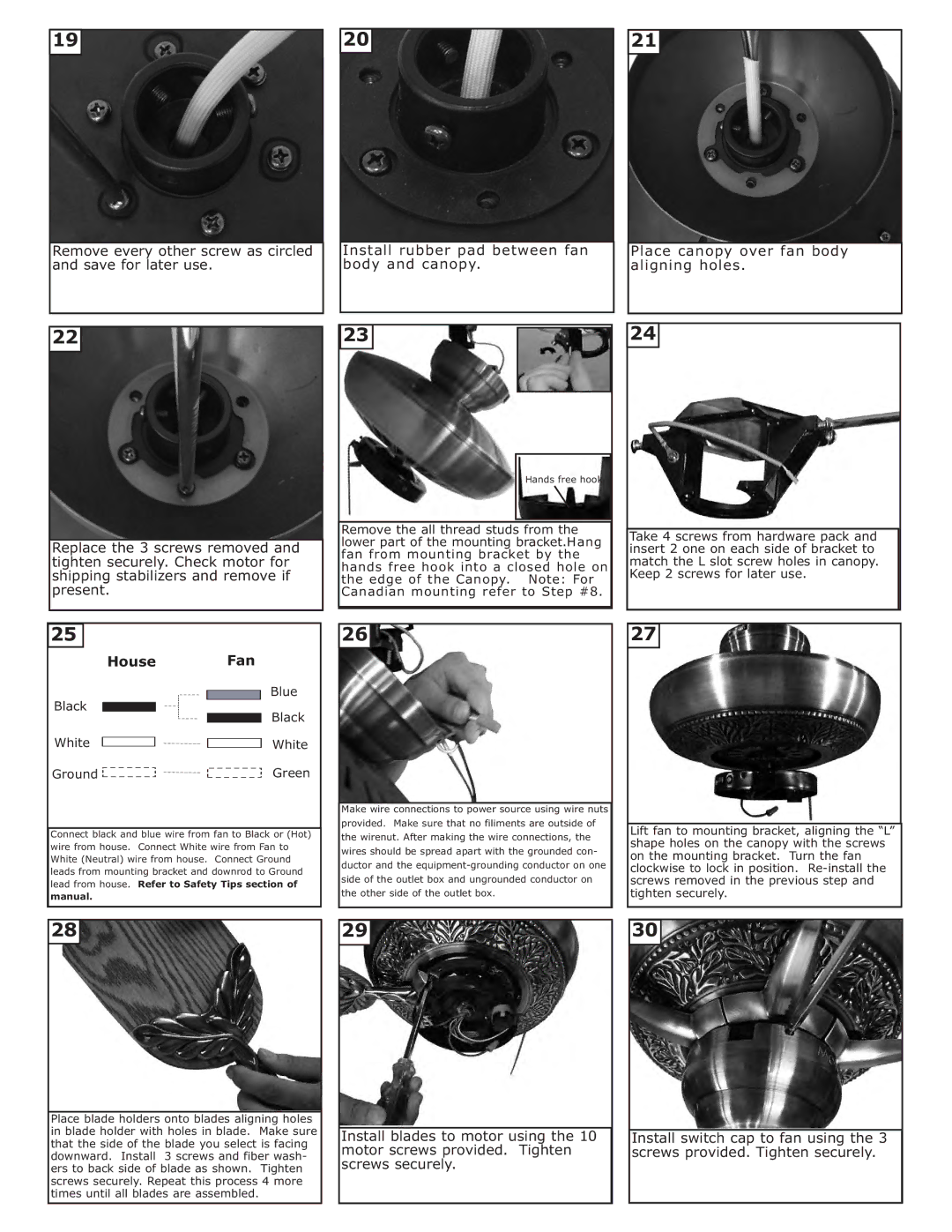 Monte Carlo Fan Company 5MS52 installation instructions Place canopy over fan body aligning holes 