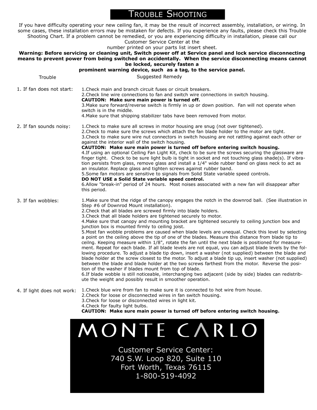 Monte Carlo Fan Company 5MS52 installation instructions Trouble, Suggested Remedy, If fan does not start 