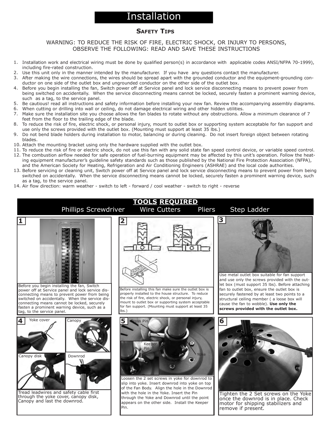 Monte Carlo Fan Company 5MS52 Observe The Following Read And Save These Instructions, Safety Tips, Phillips Screwdriver 
