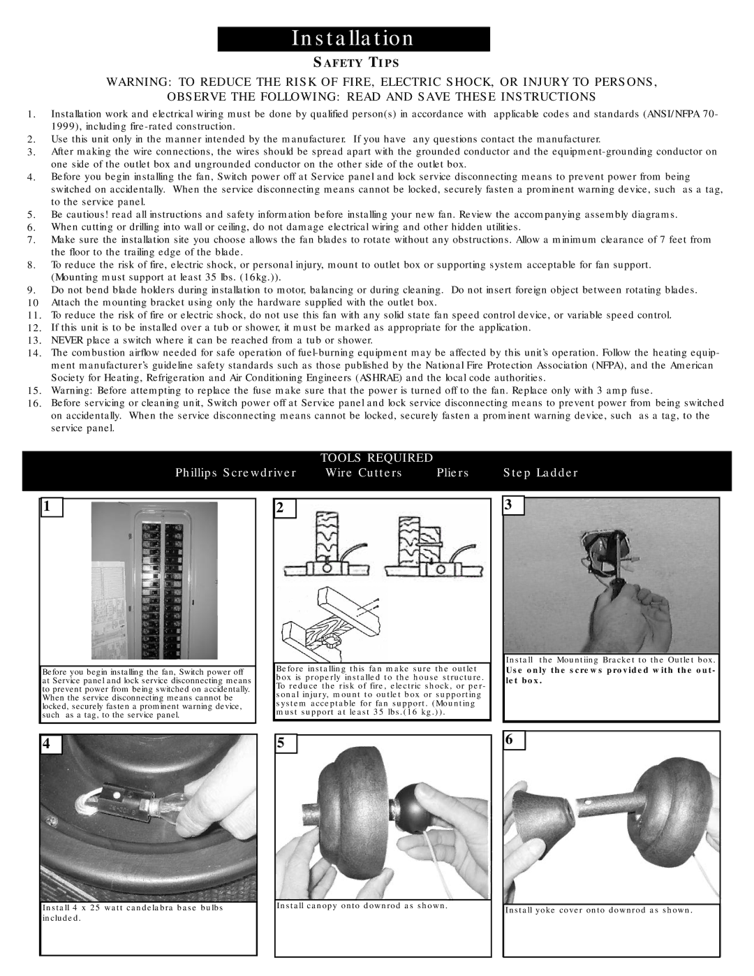 Monte Carlo Fan Company 5MYR56 owner manual Observe the Following Read and Save These Instructions 