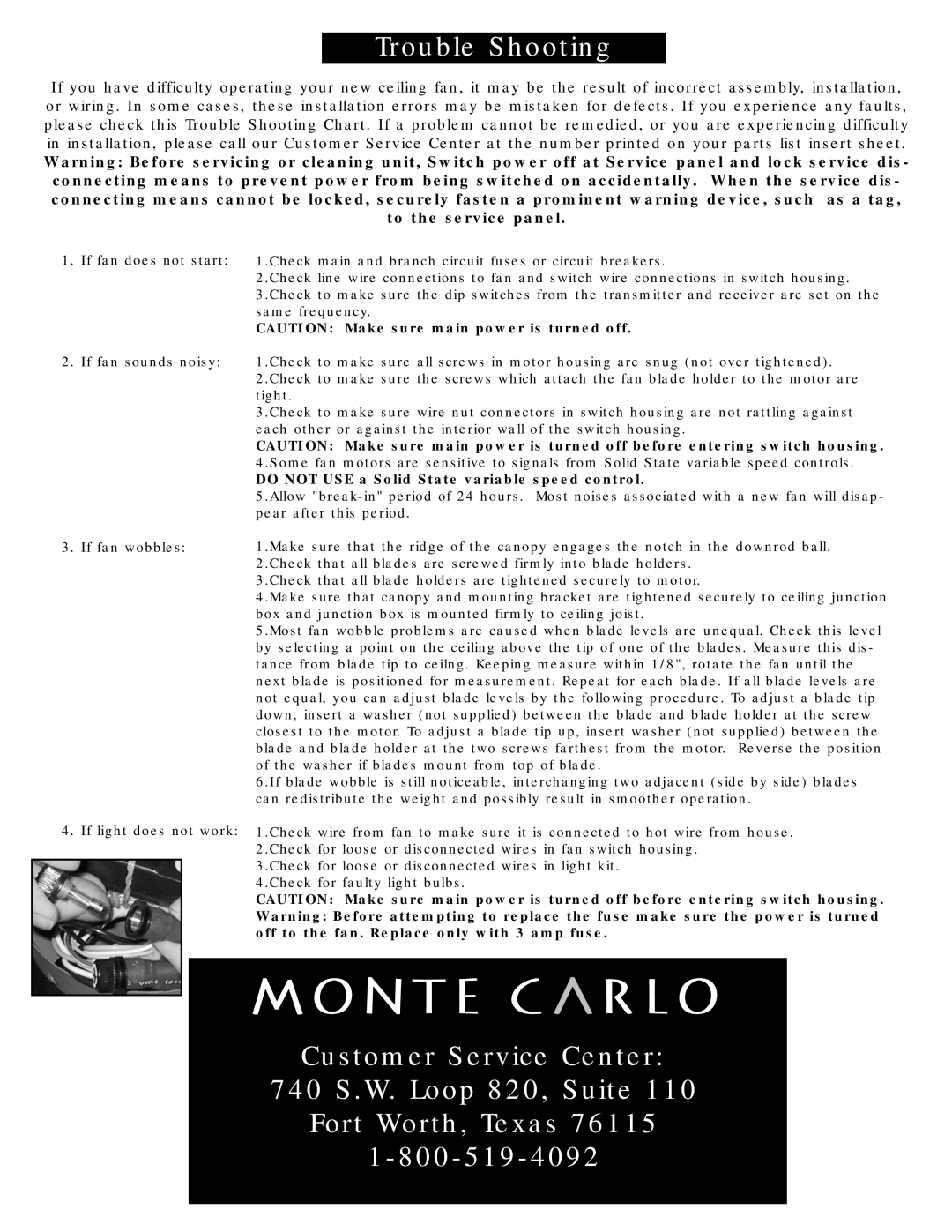 Monte Carlo Fan Company 5MYR56 owner manual Customer Service Center 740 S.W. Loop 820, Suite 