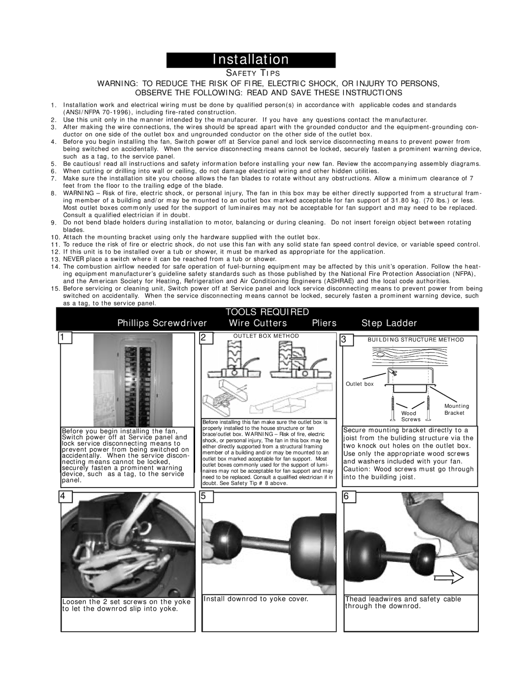 Monte Carlo Fan Company 5NCR56 owner manual Installation, Observe the Following Read and Save These Instructions 