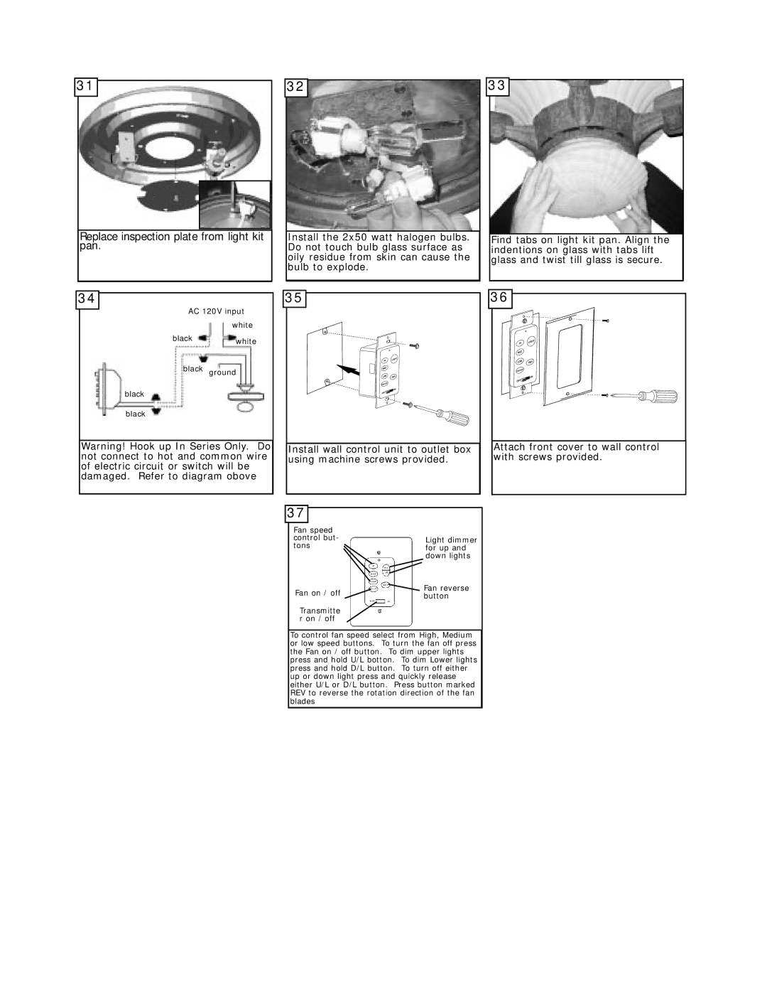 Monte Carlo Fan Company 5NCR56 owner manual Replace inspection plate from light kit pan 